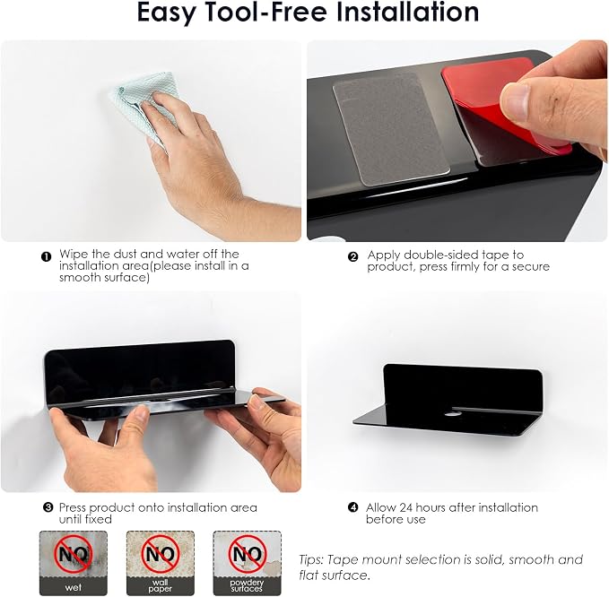 OAPRIRE Acrylic Floating Wall Shelves Set of 2, Damage-Free Expand Wall Space, Small Display Shelf for Smart Speaker/Action Figures with Cable Clips