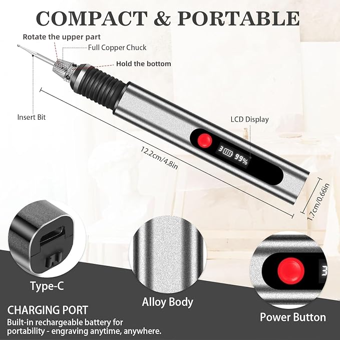 TUBINOONE Engraving Pen, Ultimate Cordless Portable Tool for Artists & DIYers - Engrave 50+ Surfaces - Beginner Friendly - Rechargeable - Free 30 Bits & Mastery Guide & Stencils (Gray)