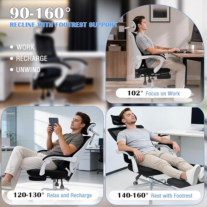 Ergonomic Home Office Chair with Footrest - Adjustable Lumbar Support & 3D Headrest, 90-160° Reclining Mesh High-Back Rolling Work Swivel Computer Chair-400lbs Capacity (White & Black)