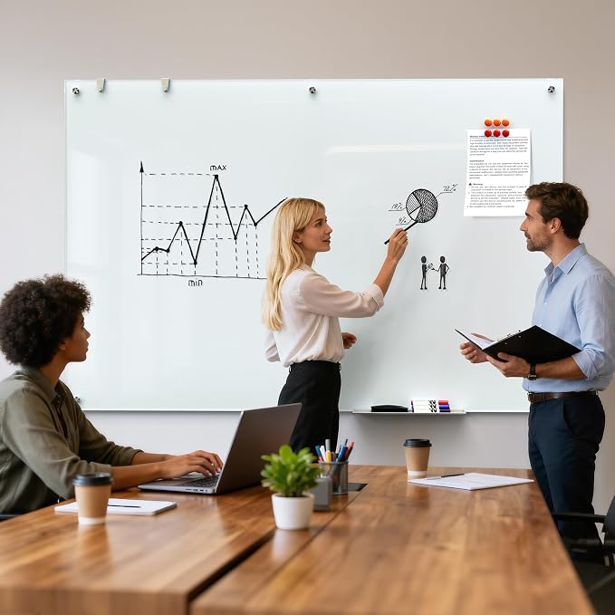 MaxGear Magnetic Glass Whiteboard 60x40 Frameless Wall Mounted | Tempered Glass, Scratch Resistant, Stain Resistant, Ghost Free, Easy Erase, Smooth Writing, High Clarity, Frameless