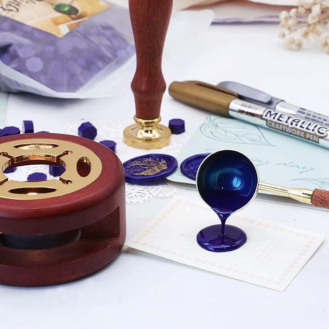 SWANGSA Wax Seal Kit, 1450pcs Starry Blue Sealing Wax Beads, Wax Seal Warmer, Wax Spoon, Gold Wax Seal Pen and Tealight Candles for Wedding Christmas Invitation Seals