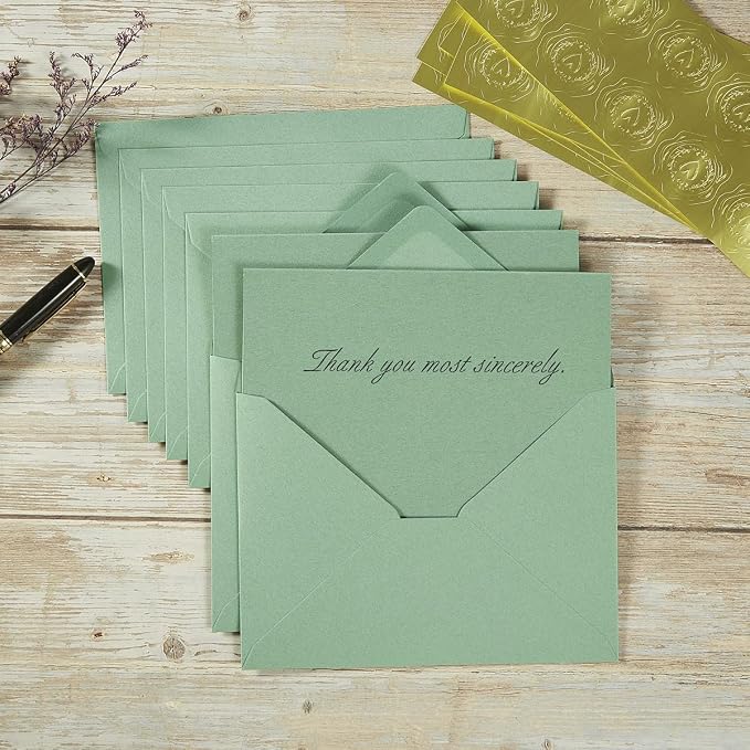 50 Pack Sage-Green A6 Envelopes with Cards and Gold Stickers, 4x6 | With Thick Folded Cardstock, For Greeting Cards, Wedding, Birthday, Invitations, Baby Showers