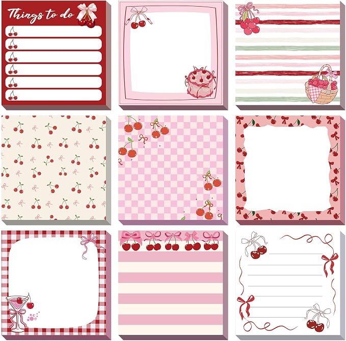 9 Pads Cherry Bow Sticky Notes 3x3 Inch Cute Self Stick Notepads Notes Adhesive Memo Pad Office Decor Gifts for Students School Teacher Meeting Office Supplies
