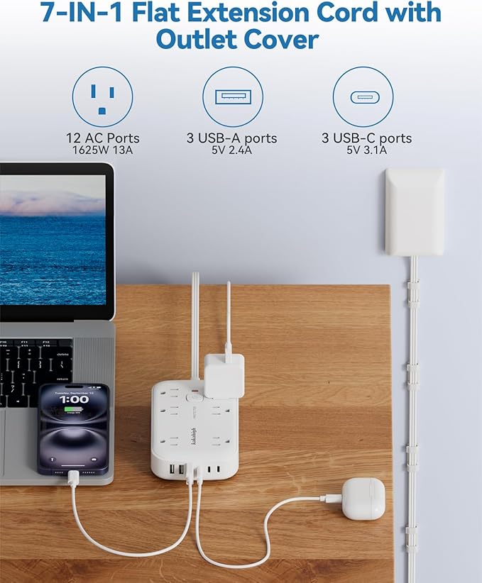 20FT Extension Cord with Outlet Cover & Multi USB, Ultra Thin Plug Concealer with Cord & 12AC Outlet 6 USB (24W/4.8A), Charging Station for Multiple Devices, for Behind Wall Furniture Couch TV