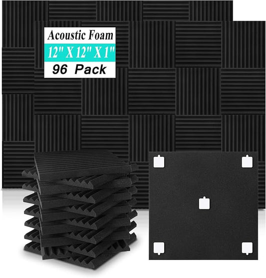 96 Pack Sound Proof Foam Panels,12"×12"×1" Acoustic Foam Panels, High Density Soundproof Wall Panels for Home Office Recoding Studio,With 250PCS Adhesive Stickers (Black, 96 Pack)