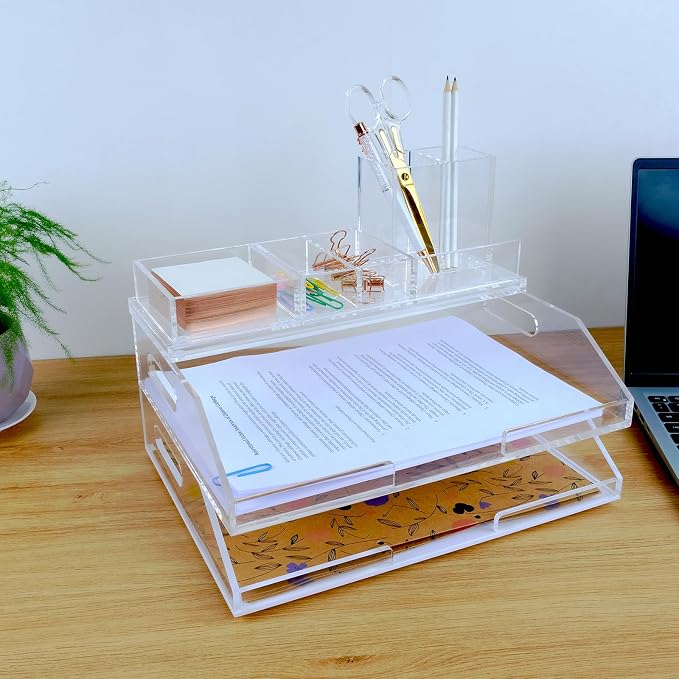 Clear Acrylic Desk Organizer 4-Piece Desk Kit + Free Complimentary Acrylic Ruler, Desktop Organization for Office or Home