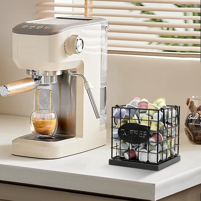 Coffee Pod Holder Organizer,Large Capacity K Cup Holder Organizer, Storage Basket for Kitchen Countertop Office Coffee Bar with Wooden Base(Rustic Black-Square)