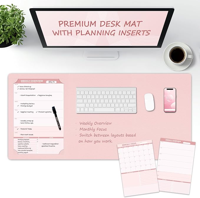 Large Pink Dry Erase Desk Mat with Weekly & Monthly Dry Erase Planners | Reversible Dual-Texture Desk Pad with Interchangeable Planning Pages,Faux Leather Desk Mat for Office-16"x34"