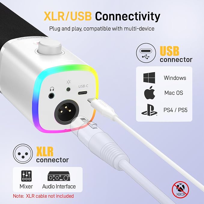 MAONO XLR/USB Gaming Microphone for PC, Dynamic Computer Mic for Streaming Podcasting, Noise Reduction, Mute, Volume Control, RGB Boom Mic for Vocal Recording,Voice-Over, PD100XS White
