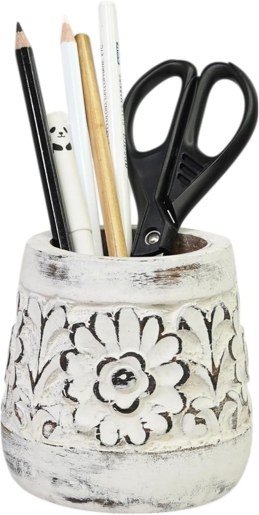 Mie Creations Farmhouse Pencil Holder Pen Stand for Desk Table | Rustic Wooden Pen Cup, Vintage Desk Accessories | School Office Desktop Stationery, Whitewash Wood Pen Holder- 4'' Distressed White