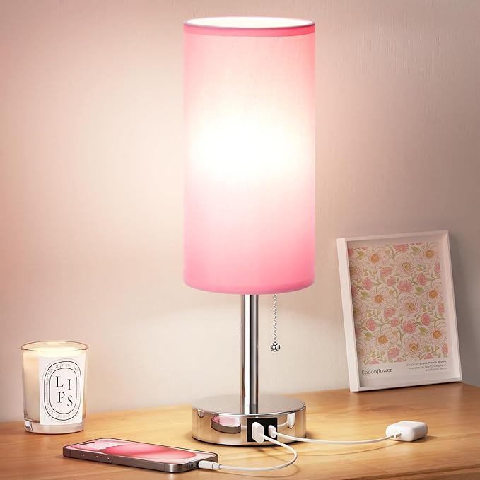 Dicoool Small Bedside Table Lamp for Bedroom, Pink Nightstand Lamp for Girls Kids, 3 Color Temperatures & USB Charging Port, Cute Desk Lamp for Teens Room Decor, Dorm Room Essentials