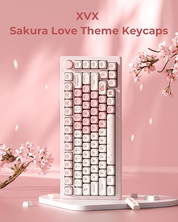 XVX Pink Cute PBT Keycaps-MOA Keycap, Sakura Love keycap Custom Keyboard Keycaps 60 65 75 100 Percent, 5 Side Dye Sublimation Keycap, 143 Keys Keycap Set for Cherry Gateron MX Switches Keyboards