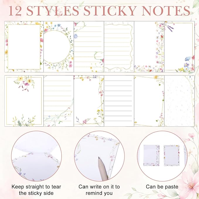 Chiisong 12 Pack Wildflower Sticky Notes Floral Sticky Notes, Self-Stick Note Pads Flower Memo Pads for Journal Planners Office Home Stationery Gift Meeting Office Supplies