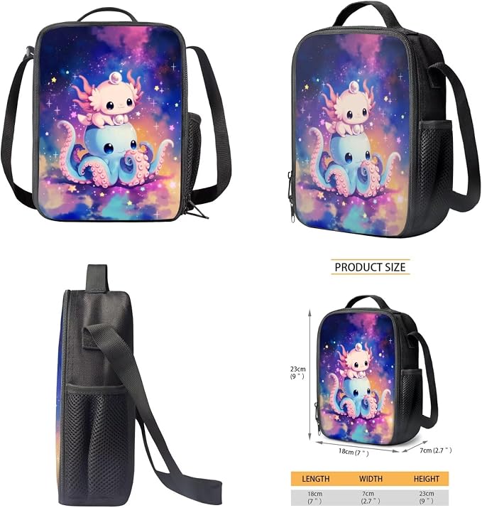WELLFLYHOM 4 PCS Axolotl School Backpack Set for Girl 6-11, Cute 17 Inch Octopus Backpack with Lunch Box for Kids Back to School, Child Supplies for All Day Use