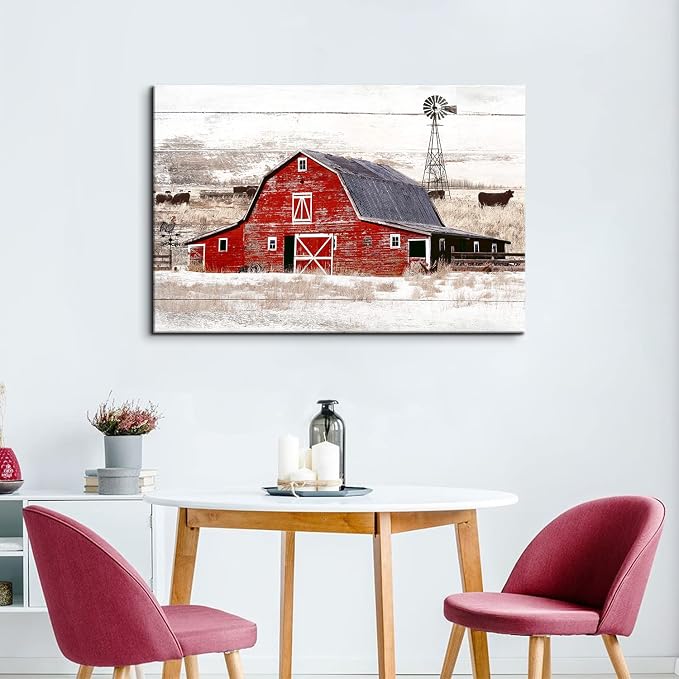 Large Country Barn Wall Art Farmhouse Wall Decor for Kitchen Dining Room Rustic Home Red Barn Windmill Landscape Painting Vintage Highland Cow Animal Poster Artwork Cabin House Decorations 32x48”