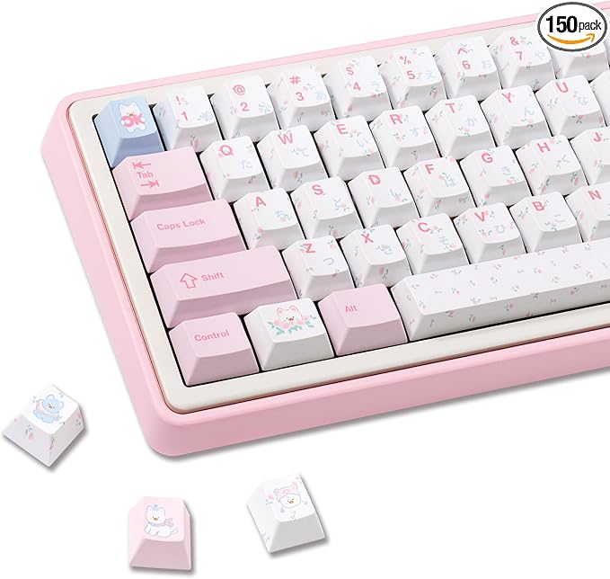 PBT Japanese Keycaps, Pink White Keycap, Floral Prints Custom Keycap Set 145 Full Keys, Cute Keycaps, Cherry Profile Keyboard Key Cap for Cherry Gateron MX Switches Mechanical Keyboard