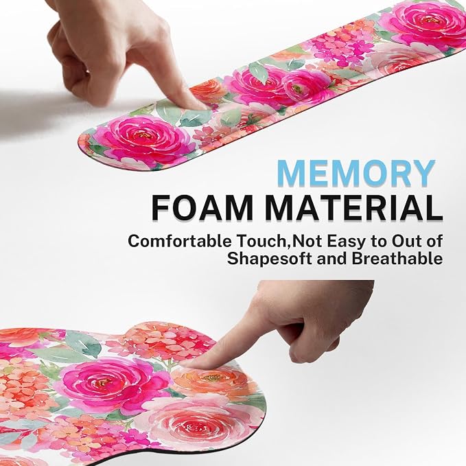 Flower Floral Pink Peony Spring Ergonomic Mouse Pad Set with Wrist Rest Non-Slip Rubber Base Wrist Cushion Support and Coasters Mousepad with Wrist Support for Computer Keyboard and Desk