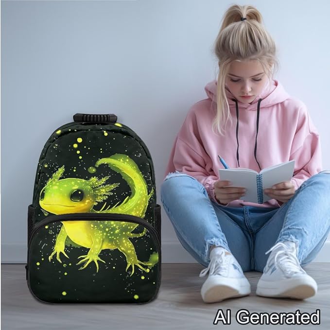 Ystardream 4 Pcs School Backpack with Lunch Box Set 17 Inch Green Axolotl Backpack for Boys with Lightweight & Multiple Pockets Design Ergonomic Back Support forTeens Back to School Supplies