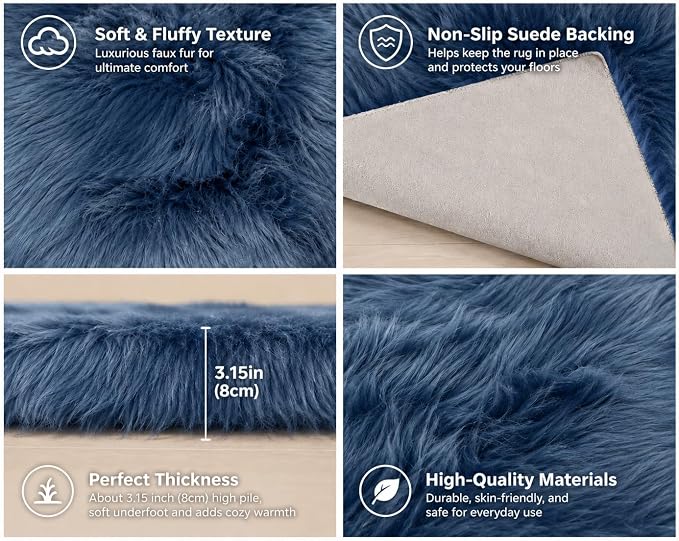 EasyJoy Faux Sheepskin Rug, Fluffy Faux Fur Rug, Ultra Soft Shag Area Rug with Non-Slip Backing for Bedroom, Living Room, Nursery, Kids Room(4 x 4 ft Round, Dark Blue)