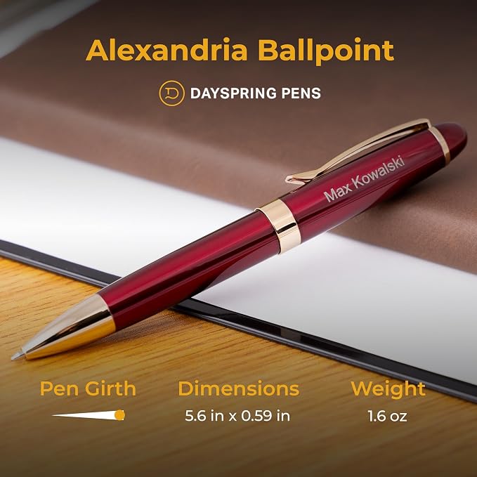Dayspring Pens | Engraved Alexandria Twist Action Red Ballpoint Gift Pen with Case. Custom Engraved With Gift Recipient Name or Custom Message.