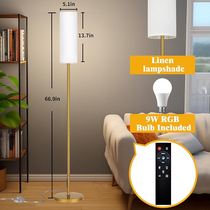 Qaubauyt Smart LED Floor Lamp with APP Control & RGB Colors - Dimmable Standing Lamp for Living Room, Bedroom, Gaming - Remote, Timer, 9W Bulb Included, 67" Modern Tall Lamp (Gold)