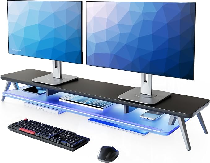 Fenge Dual Monitor Stand with 8-Mode LED Lights and Frosted Shelf, Black | Sturdy Aluminum Legs, Built-In Phone & Tablet Slot, 2-Tier Storage, 42.5-Inch Desk Shelf for Gaming, Home Office & Streaming