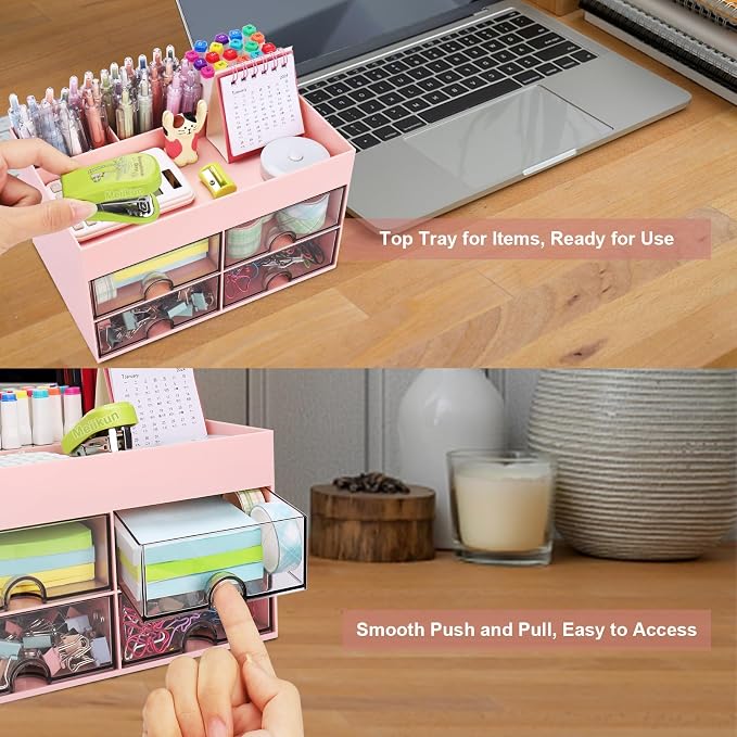 Meiikun Desk Organizer, Office Organizer with Drawer, Desk Accessories & Workspace Organizers, Pen Holder Office Supplies for Desk (4 Drawers+4 Compartments, Pink)