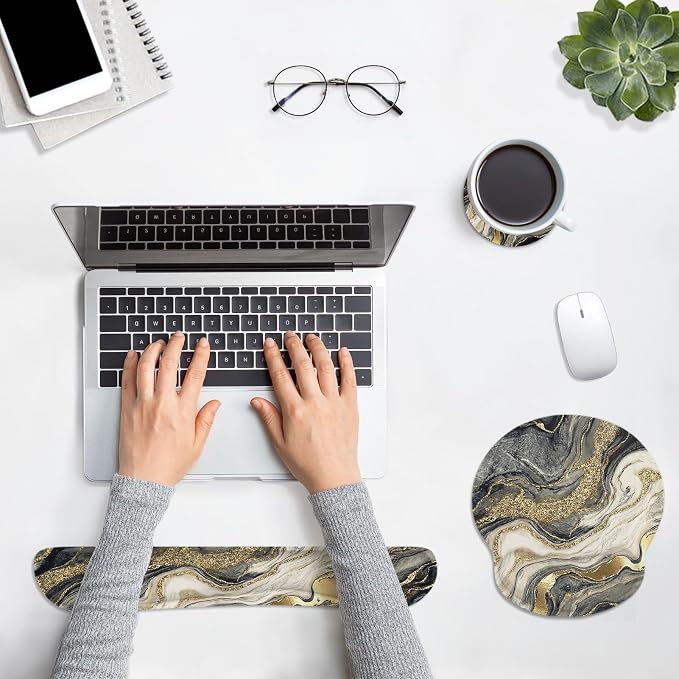 Britimes Marble Abstract Black Gold Glitter Ergonomic Mouse Pad Set with Wrist Rest Non-Slip Rubber Base Wrist Cushion Support and Coasters Mousepad with Wrist Support for Computer Keyboard and Desk