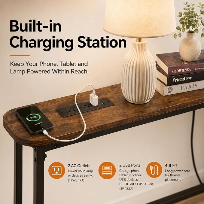 Forteek 78.8" Narrow Sofa Table with Power Outlets, Adjustable Height | Smooth Rounded Corner,Behind Couch with Storage for Living Room,2 USB Ports,Charging Station,Rustic Brown,Anti-Bump Pads