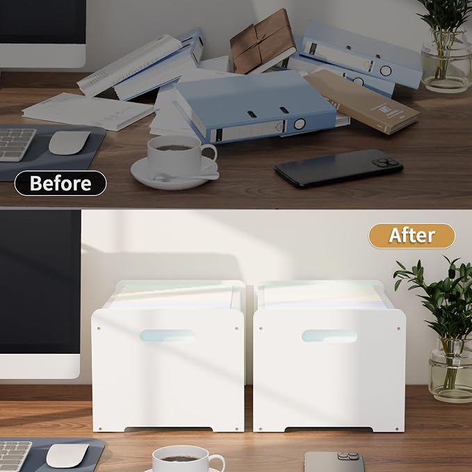 Bamboo Hanging File Organizer, Desk File Box, Open Top, 2 Pack, White | Open-Top Access, 4 Hanging Folders Included, Letter & Legal Files, Sliding Rails, Reinforced Handles, Easy Assembly
