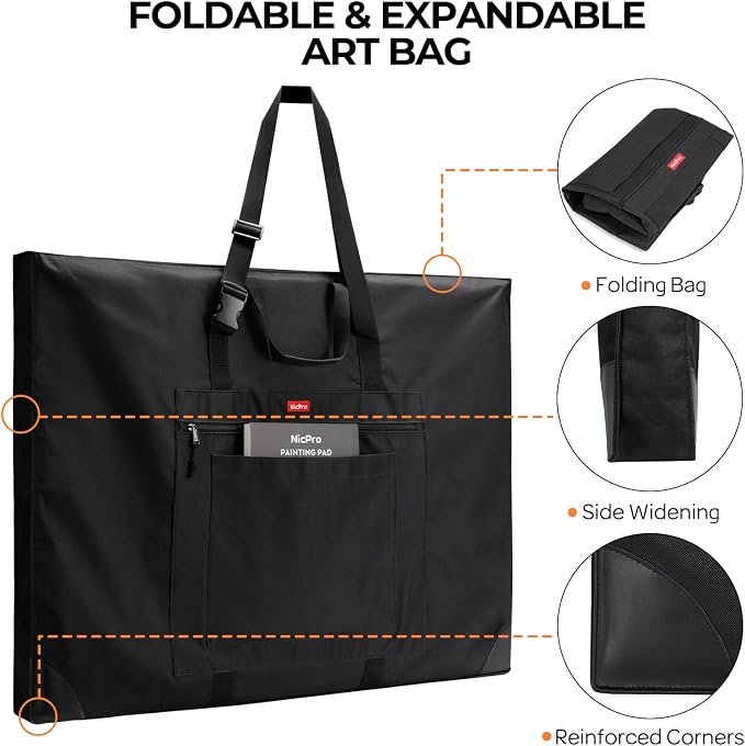 Nicpro Large Size Art Portfolio Case, Artist Portfolio Tote Bag with Leather Corners & Side Widening, Waterproof Storage Portfolio Folder with 3 Pockets for 20'' x 26'' Poster Canvas Sketching Drawing