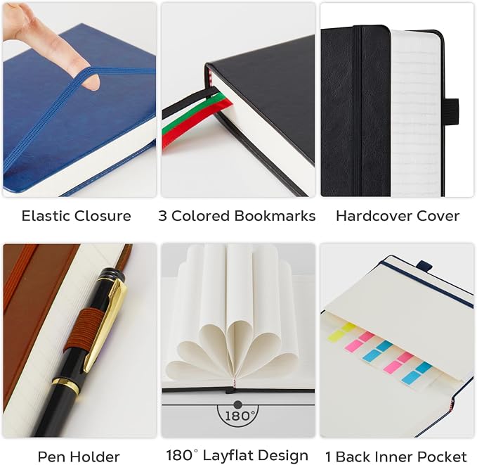 FOCUS DAY 3 Pack Journal Notebook, 320 Pages A5 Lined Notebook Journal Set for Work Writing, Hardcover Leather Bound Notebooks Bulk for Women Men Office School, 5.7'' X 8.4'', Multicolor