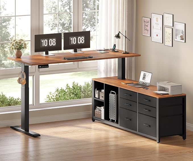 SEDETA L Shaped Electric Standing Desk, 55" x 55" Height Adjustable Corner Office Desk with 6 Fabric Drawers and Storage Shelves, Stand up Home Office Desk with Power Outlet, Black and Brown