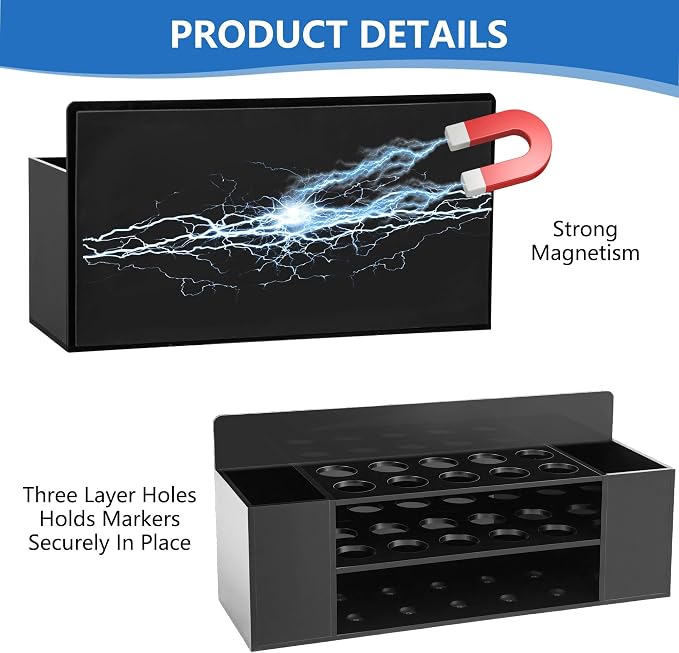Acrylic Magnetic Dry Erase Marker Holder, 10 Slots Black Magnetic Marker Pen Holder, 2PCS Magnet Storage for Whiteboard, Desk Locker Organizer Accessories, Office, Classroom, Home