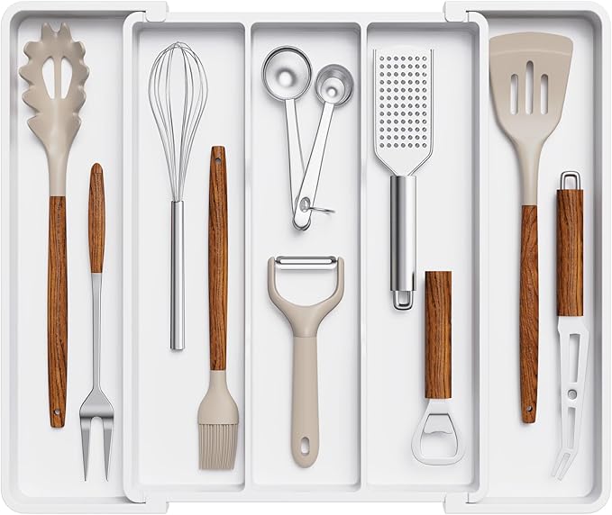 Lifewit Utensil Organizer for Kitchen Drawers, Expandable Cooking Utensil Tray, Adjustable Cutlery Silverware Flatware Holder, Plastic Spatula Tools Storage Divider, 11-18 x 14", White