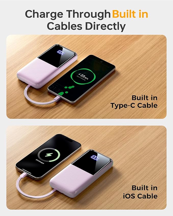 CFIAI Portable Charger Power Bank, 50% Larger Capacity 15000mAh Battery Pack with Built in Cable, 22.5W Fast Charging Travel Camping Essential for iPhone 17 16 Pro iPad Samsung S26 Google, Lavender