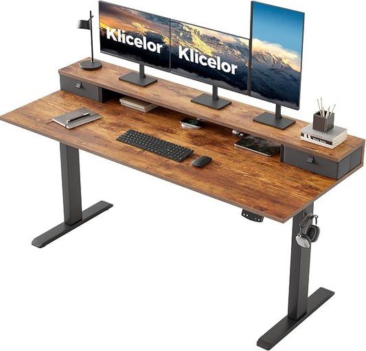 Klicelor 63 x24 Inch Electric Standing Desk with Drawers, Adjustable Height Small Sit Stand Desk for Home Office, Compact Computer Workstation with Storage– Rustic Brown