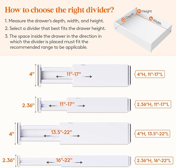 Lifewit 5 Pack Upgrade Drawer Dividers for Clothes, 4" High 11"-17" Adjustable Dresser Drawer Organizers, Expandable White Plastic Drawer Separators for Kitchen, Nursery, Office Organization & Storage
