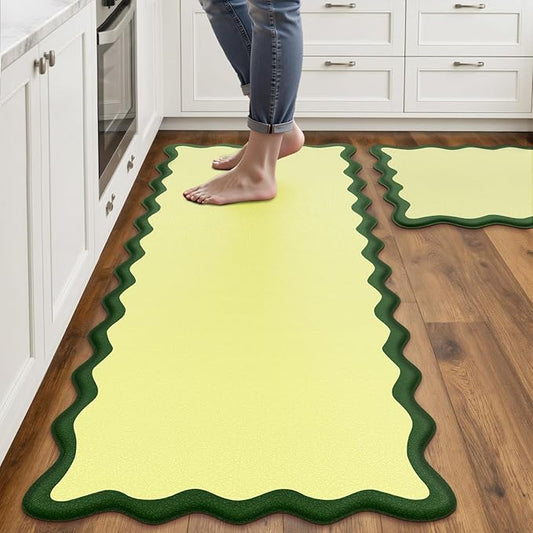 Scalloped Kitchen Mats Rugs Sets of 2 Cushioned Anti Fatigue Floor Mat Waterproof Kitchen Rugs Non Slip Foam Comfort Standing Mat for Sink Laundry, Green