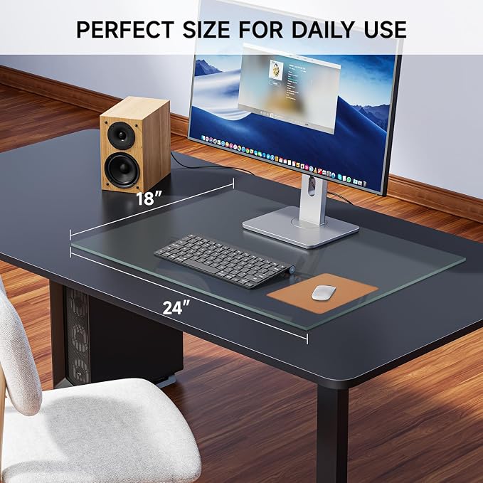 VASUHOME 24" x 18" Clear Tempered Glass Desk Mat - Multi-Functional Desk Pad for Keyboard and Monitor Protection, Dry Erase Surface, Ideal Table Top Protector for Home & Office