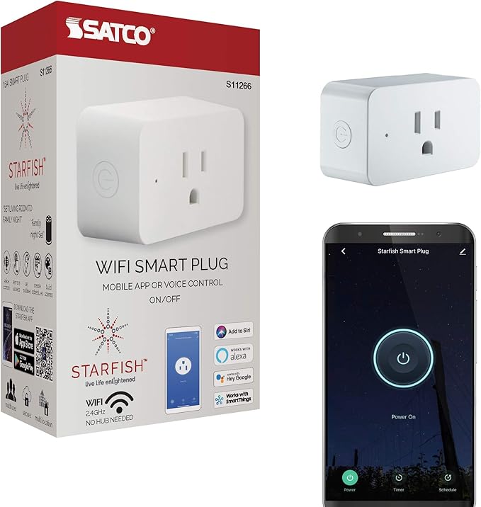 Satco S11266 Starfish On/Off WiFi Smart Plug Outlet, Works with Siri, Alexa, Google Assistant, SmartThings, White