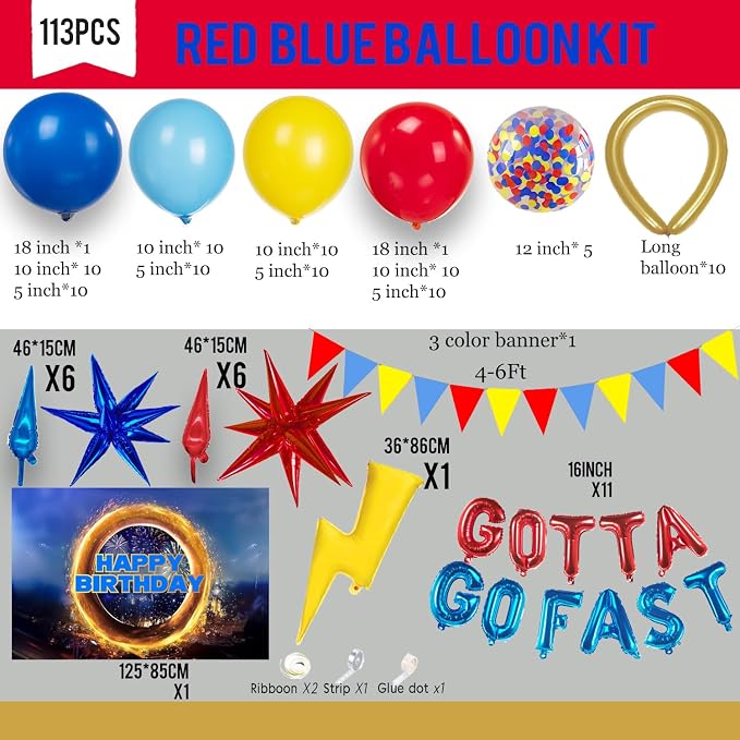Red Blue Yellow Hedgehog Birthday Party Decorations with Letter Lightning foil balloons Banner backdrop for small balloon arches video game Cartoon Movies Super hero themed birthday party decor