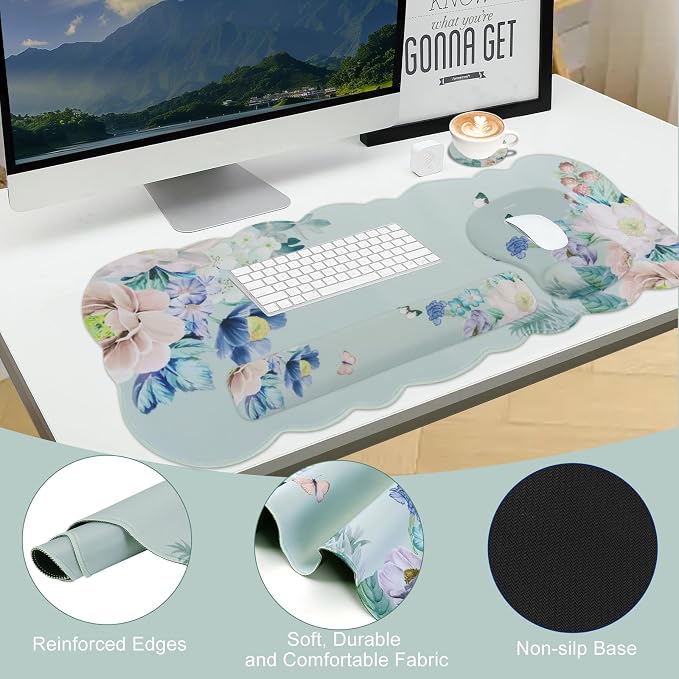 Petmolico Desk Pad Set with Wrist Rest for Keyboard & Mouse, Green Flower | Anti-slip PU base, durable Lycra & memory foam, relieves wrist fatigue, perfect for work, home & daily use
