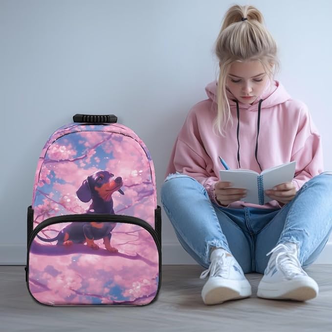 ZFRXIGN Dachshund Dog Kids Backpack for Girls 6-8 8-12 Bookbag with Cute Pendant 17inch Elementary School Bag and Lunch Box Pencil Case Back to School Stuff
