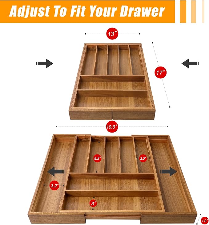 Large Premium Acacia Wood Silverware Organizer - Expandable Utensil Drawer Organizer - 17"x19.6" Utensil Holder and Cutlery Tray with Grooved for Kitchen Flatware Utensils(7-9 Slot, Acacia)