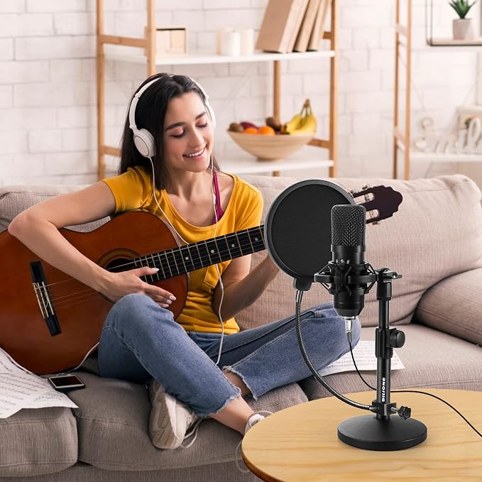 BILIONE Multifunctional Desktop Microphone Stand, Adjustable Mic Stand Desk with Pop Filter, Shock Mount, Microphone Clip, 5/8" to 3/8" Metal Screw Adapter