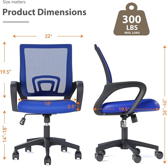 OS MOTOR Ergonomic Mid-Back Mesh Office Chair (Navy Blue, 2 Pack) | Lumbar Support, Adjustable Height, Swivel Rolling Design, Comfy Armrest, Home, Office, Work, Study, Gaming, Vanity