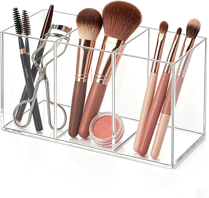 Acrylic Desk Organizer with 3 Compartments, Clear Pen Holder for Pencils and Markers, Makeup Brush Caddy for Vanity, Multi-Purpose Utensil Holder for Kitchen or Office Supplies