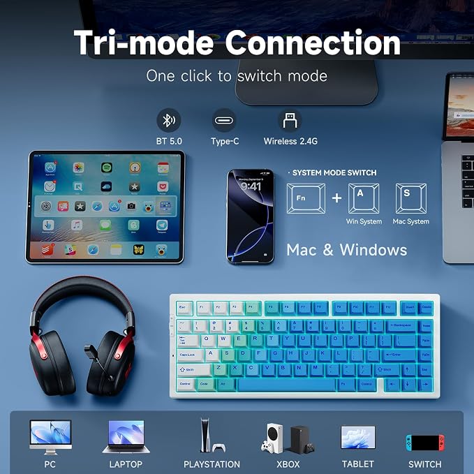 MCHOSE G75 PRO 75% Wireless Mechanical Keyboard, TKL Keyboards Tri-Mode BT5.0/2.4GHz/USB-C, Hot Swap Custom Creamy Keyboards Linear Switch, Double Shot PBT Keycaps RGB LED Backlit, White&Blue