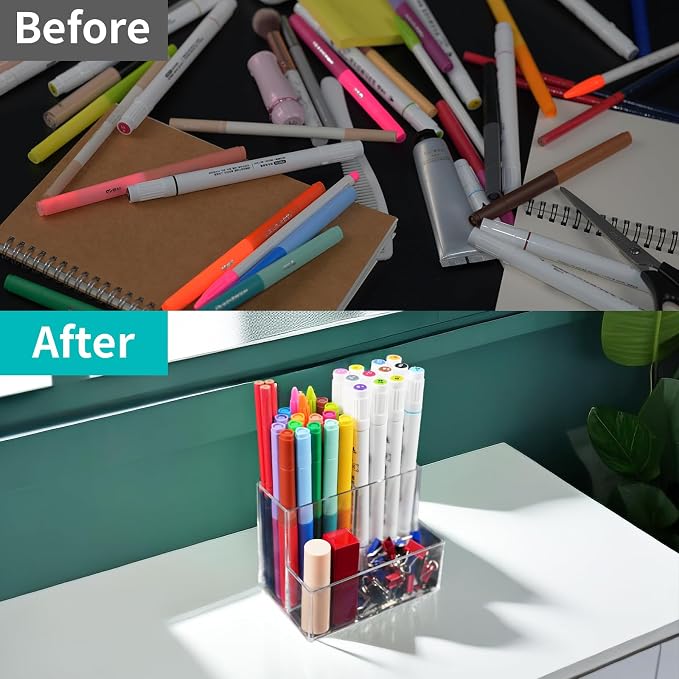 HSYMQ Desktop Clear Pen Holder with 3 Compartments, Acrylic Pencil Holders, Desk Organizers and Accessories
